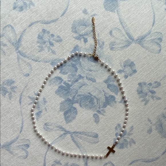 Jewelry - Pearl Necklace with Gold Cross Pendant